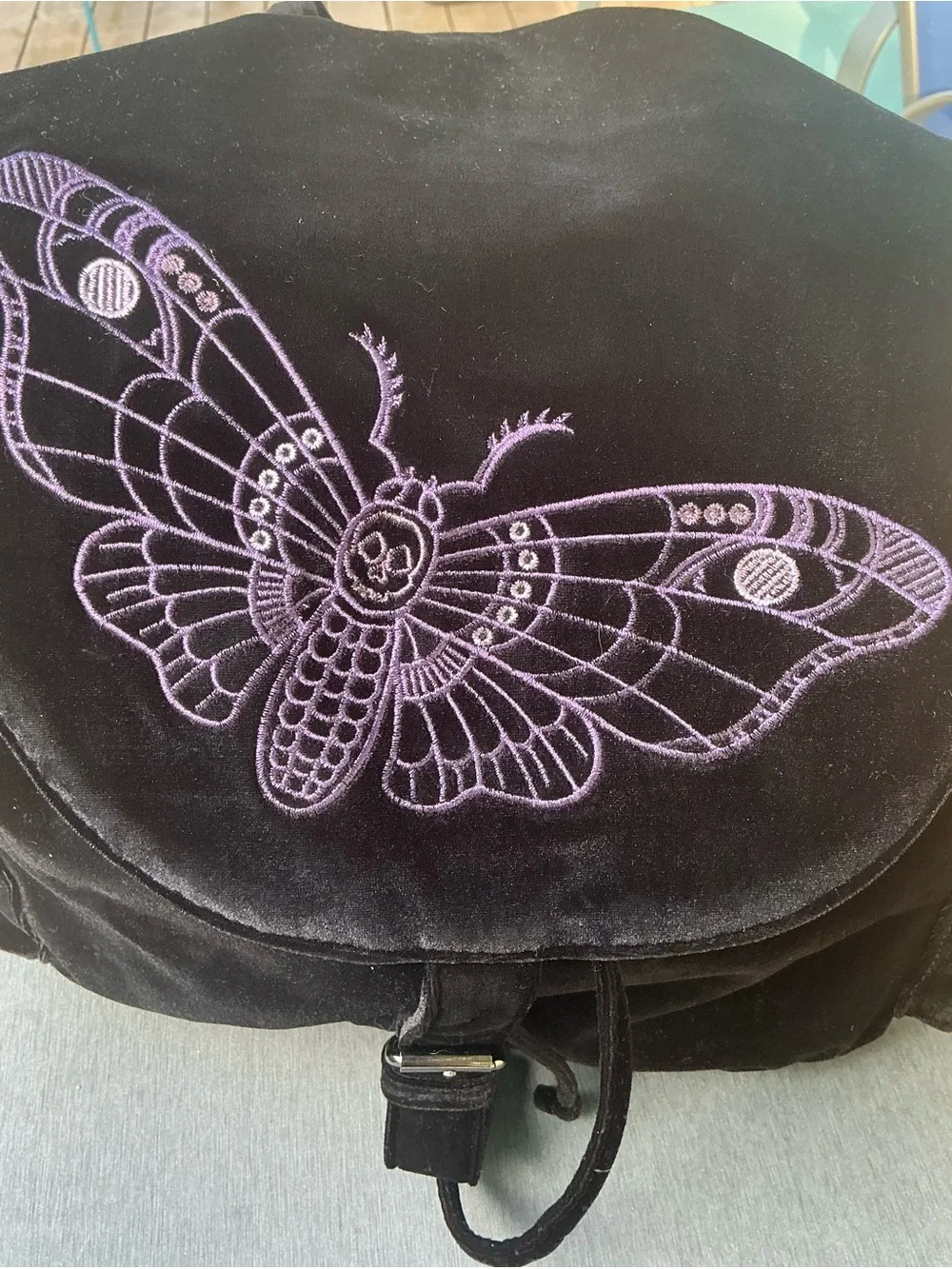 Disturbia Black Velvet Backpack with Lilac Moth / Butterfly Embroidery